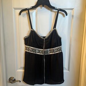 Xhilaration Black Top with Cream Lace Detail & Zipper Down Front Size L